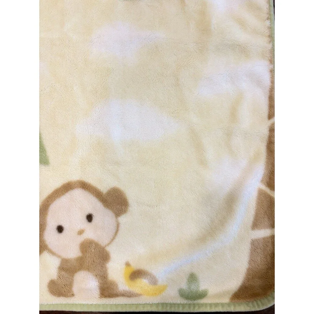 Vtg Carter's MONKEY Blue Birds Palm Trees Jungle Yellow Fleece Baby Blanket Luxe